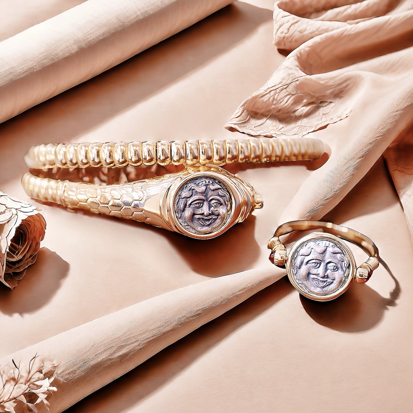 Medusa Ancient Greek Coin Medallion 18K Gold Bangle Ring (Item No. COIN037)