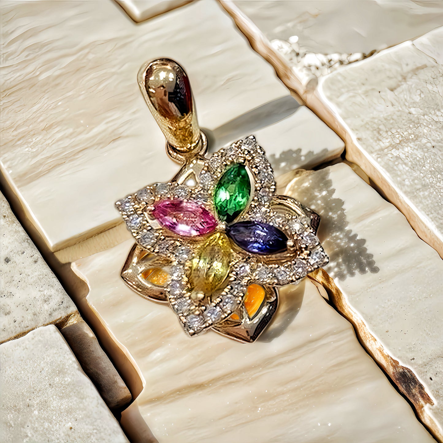 Four-leaf Clover Rotatable 18k Gold Diamond Sapphire Pendant (Item No. VT102)