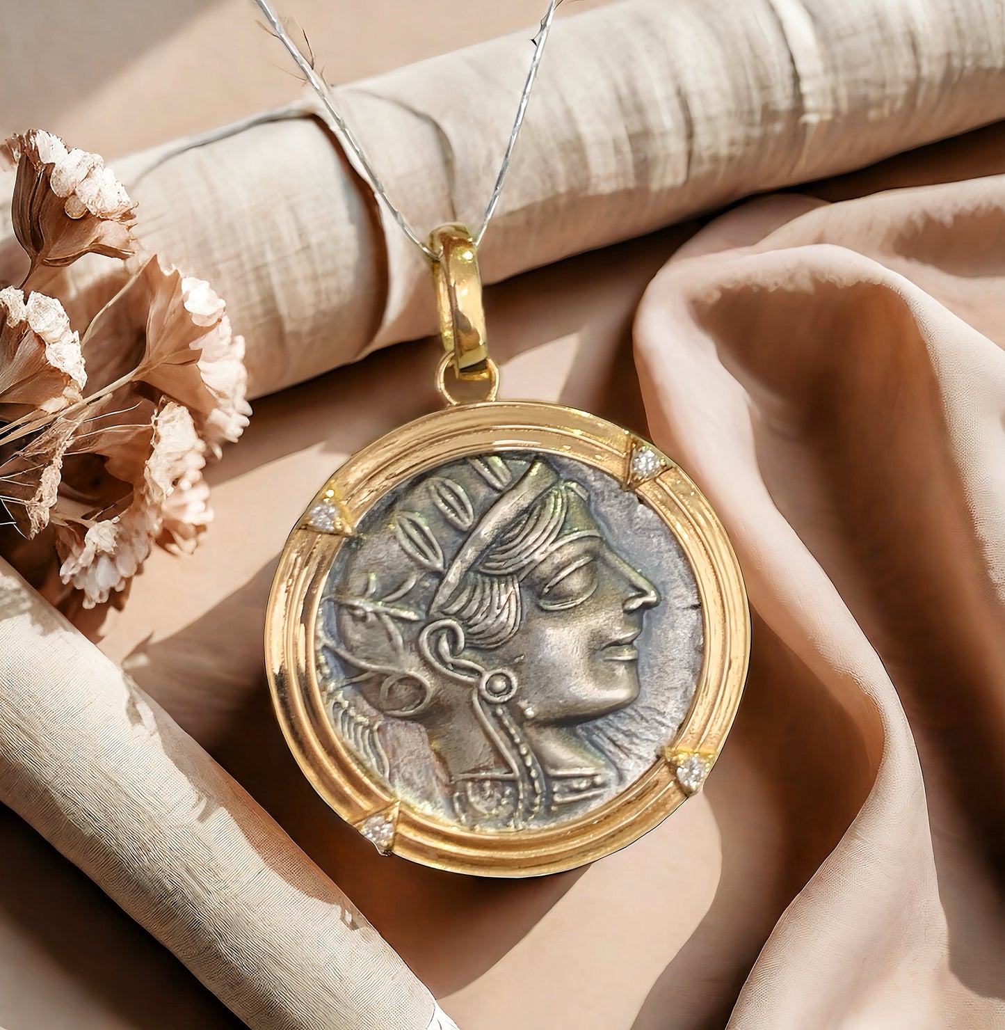 Athena Owl Ancient Greek Coin Medallion 18k Gold Pendant (Item No. COIN005)