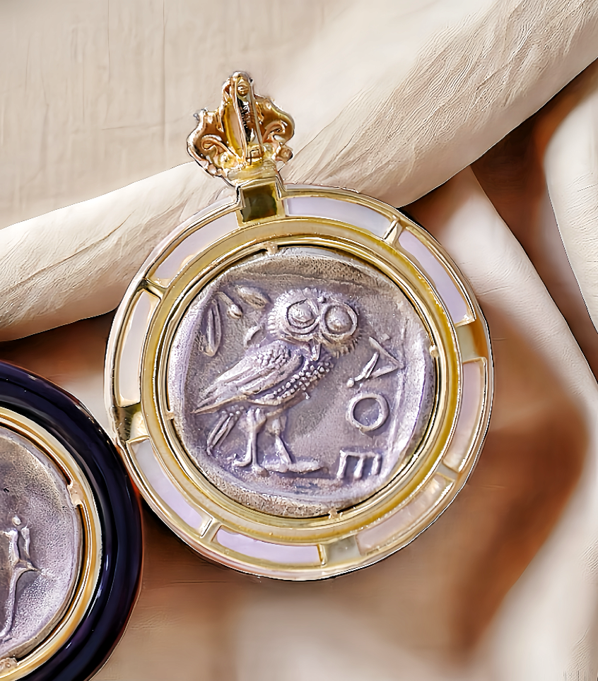Athena Owl Ancient Coin Medallion 18k Gold Pendant (Item No. COIN008)