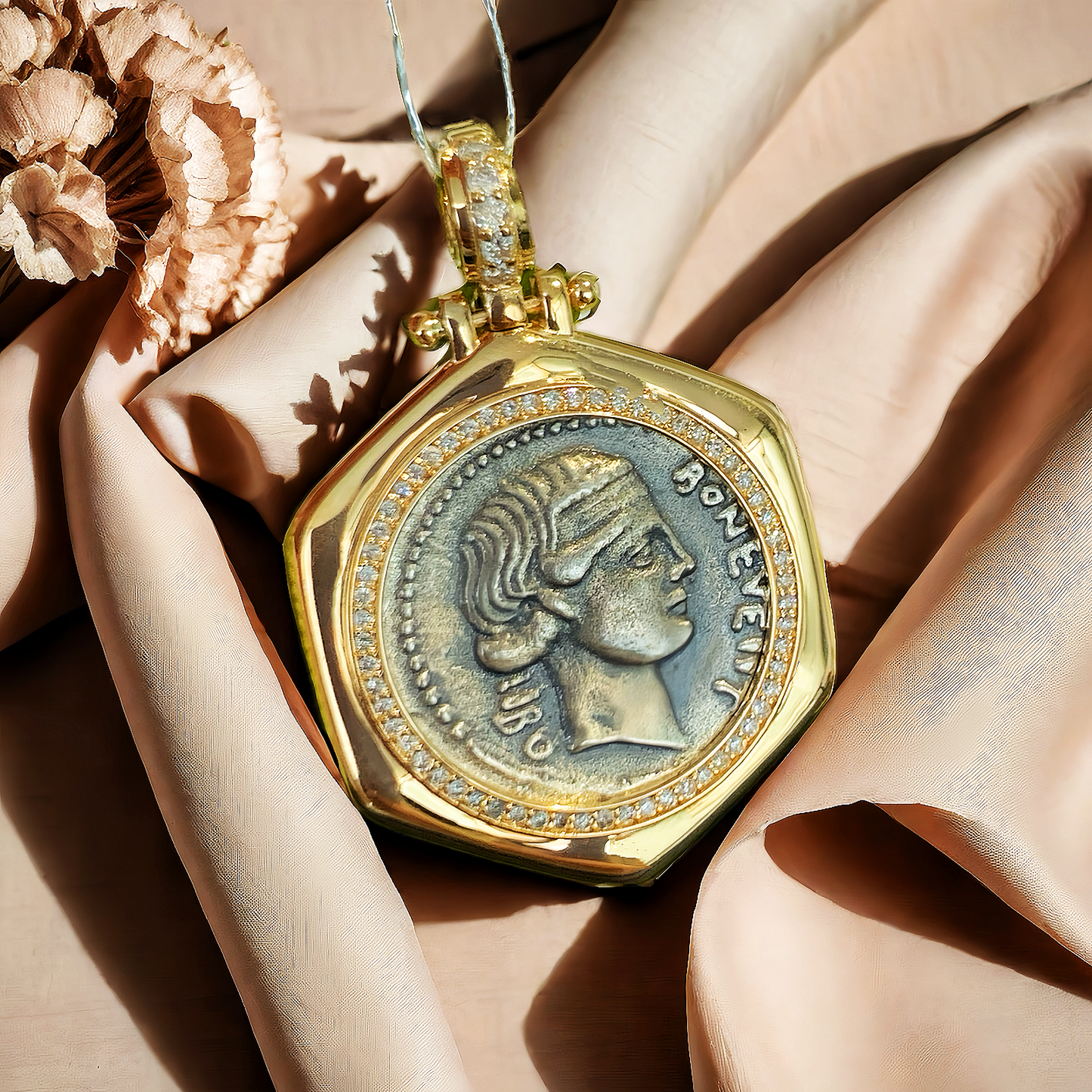 Fortuna Goddess Ancient Greek Coin Medallion 18K Gold Pendant (Item No. COIN091)