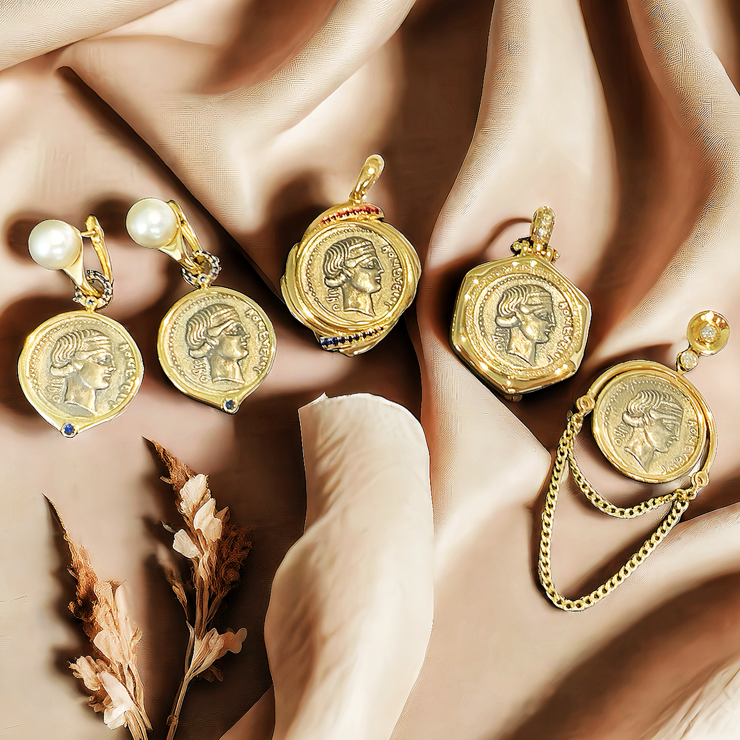 Fortuna Goddess Ancient Greek Coin Medallion 18K Gold Pendant (Item No. COIN091)