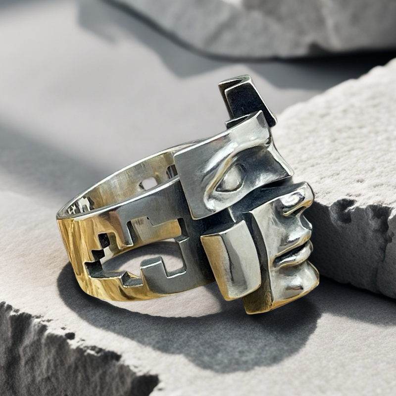 Split-Persona Mask Silver Ring (Item No. SC008)