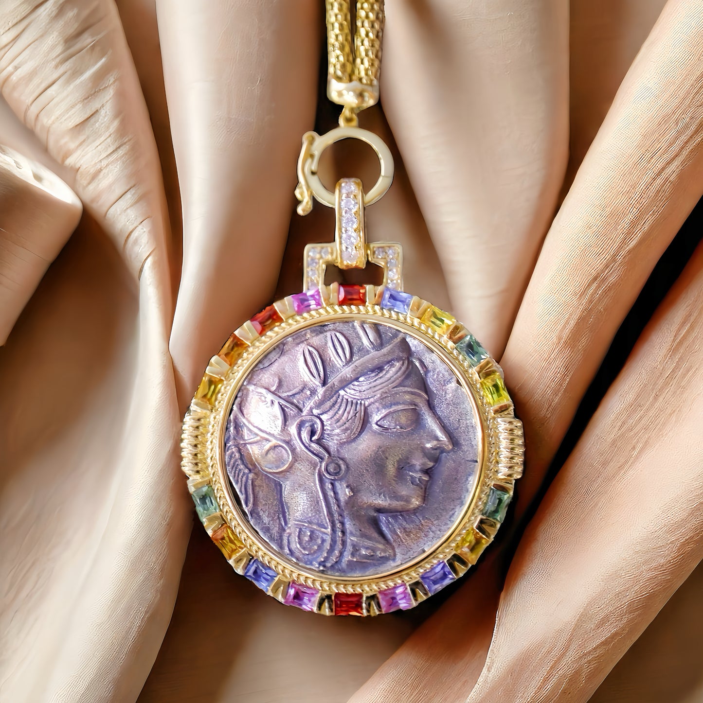 Athena Owl Ancient Greek Coin Medallion 18k Gold Rainbow Sapphire Pendant (Item No. COIN012)