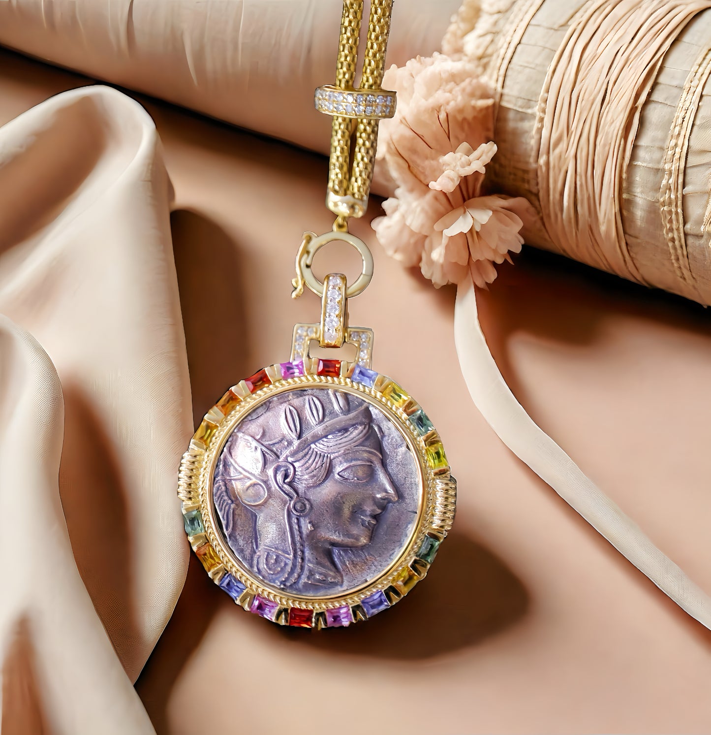 Athena Owl Ancient Greek Coin Medallion 18k Gold Rainbow Sapphire Pendant (Item No. COIN012)