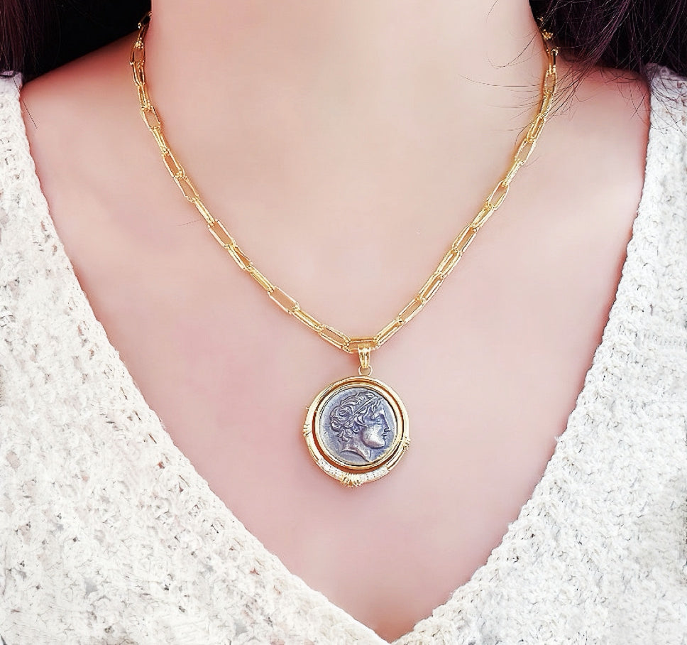 Macedonia Apollo With Horses Ancient Greek Coin Medallion 18K Gold Pendant (Item No. COIN013)