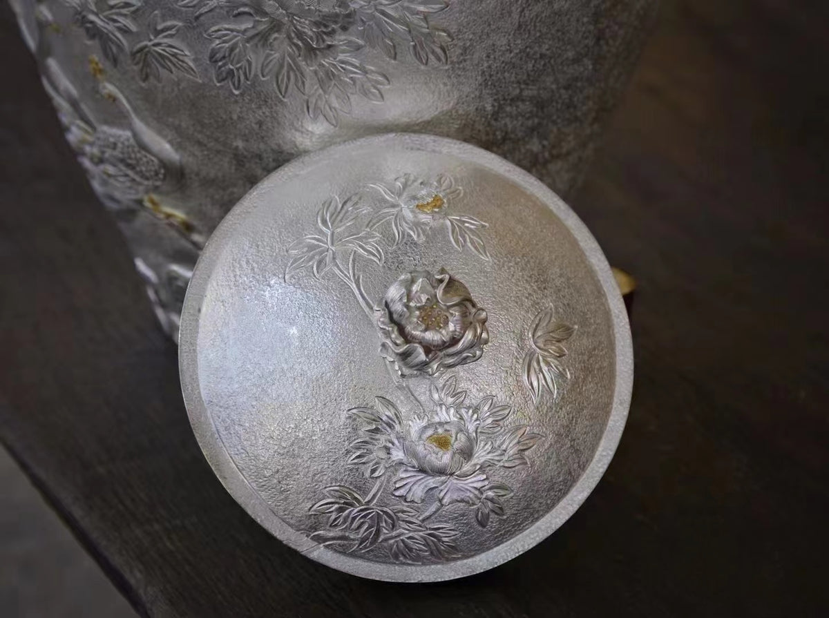 Peacok & Poeny Flower Pure 999 Silver Liquor Barrel Tartaria Onlinestore