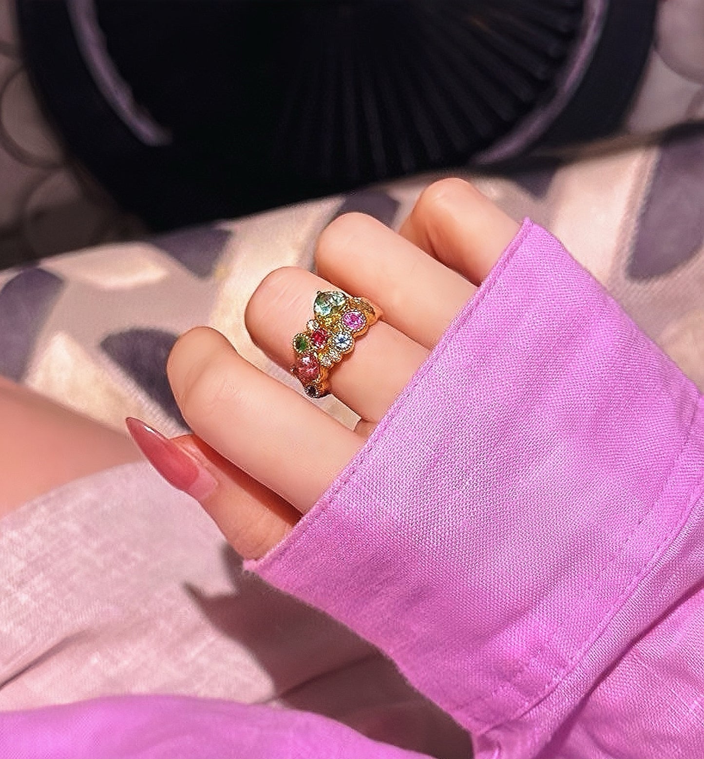 Vintage Garden 18k Gold Diamond Rainbow Gem Ring (Item No. VT037）