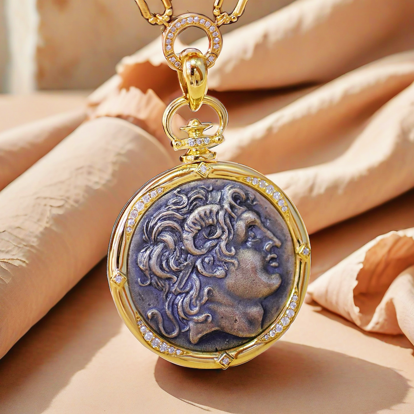 Alexander the Great's Horns of Ammon Greek Ancient Coin Medallion 18K Gold Pendant (Item No. COIN023）