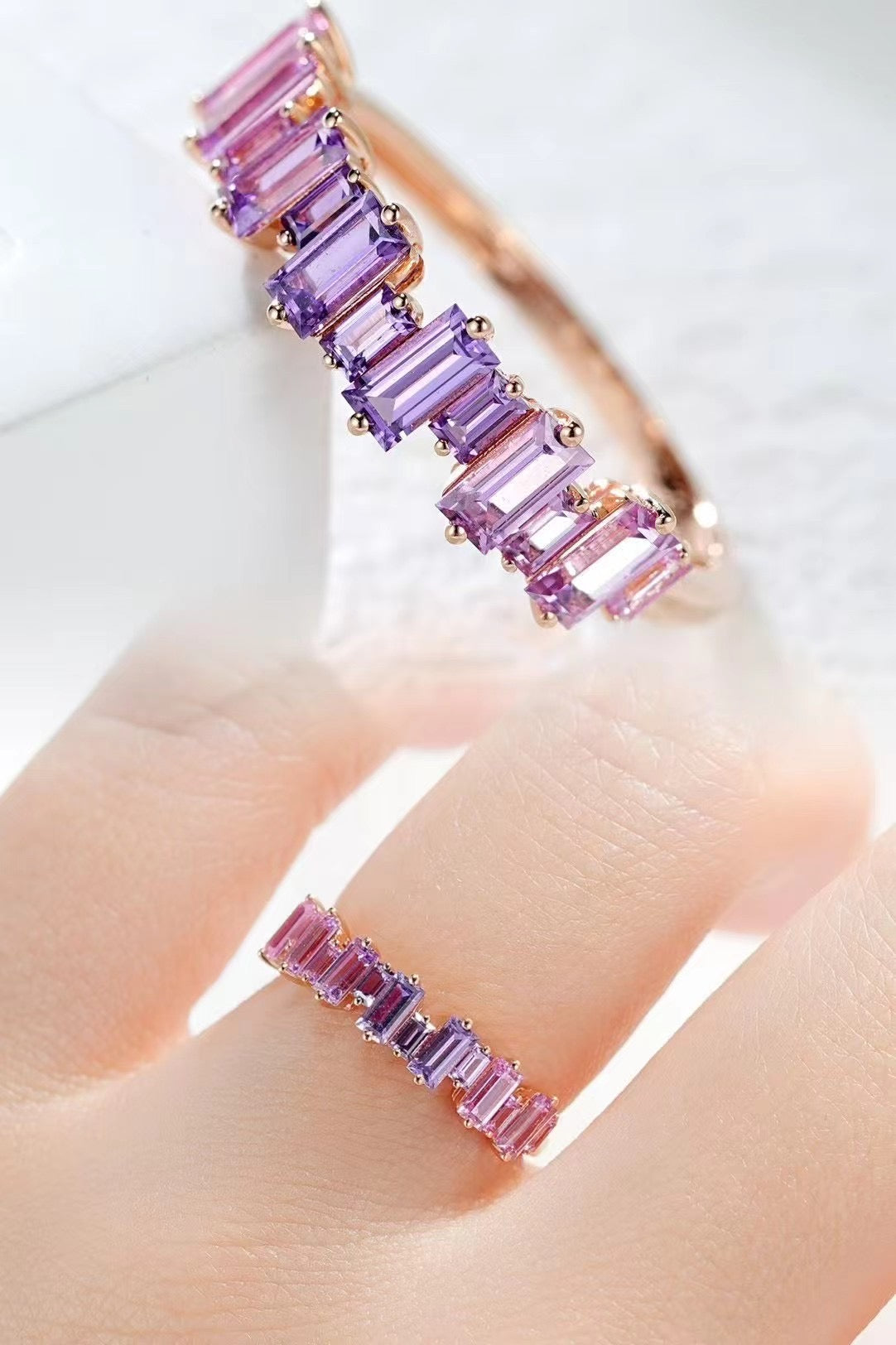 T Square Cut Rainbow Sapphire 18k Gold Ring (Item No. SA026）