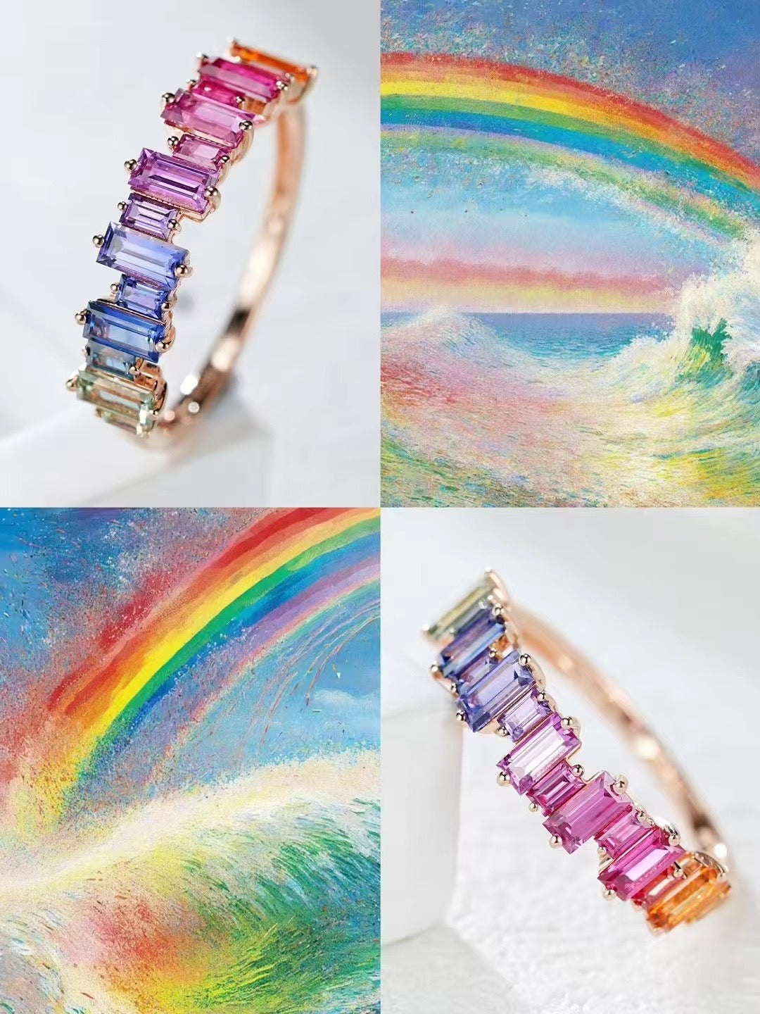 T Square Cut Rainbow Sapphire 18k Gold Ring (Item No. SA028）