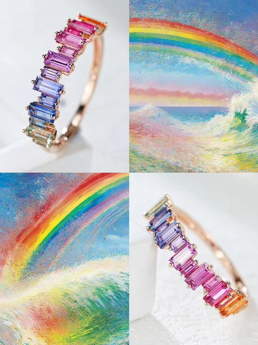 T Square Cut Rainbow Sapphire 18k Gold Ring (Item No. SA028）