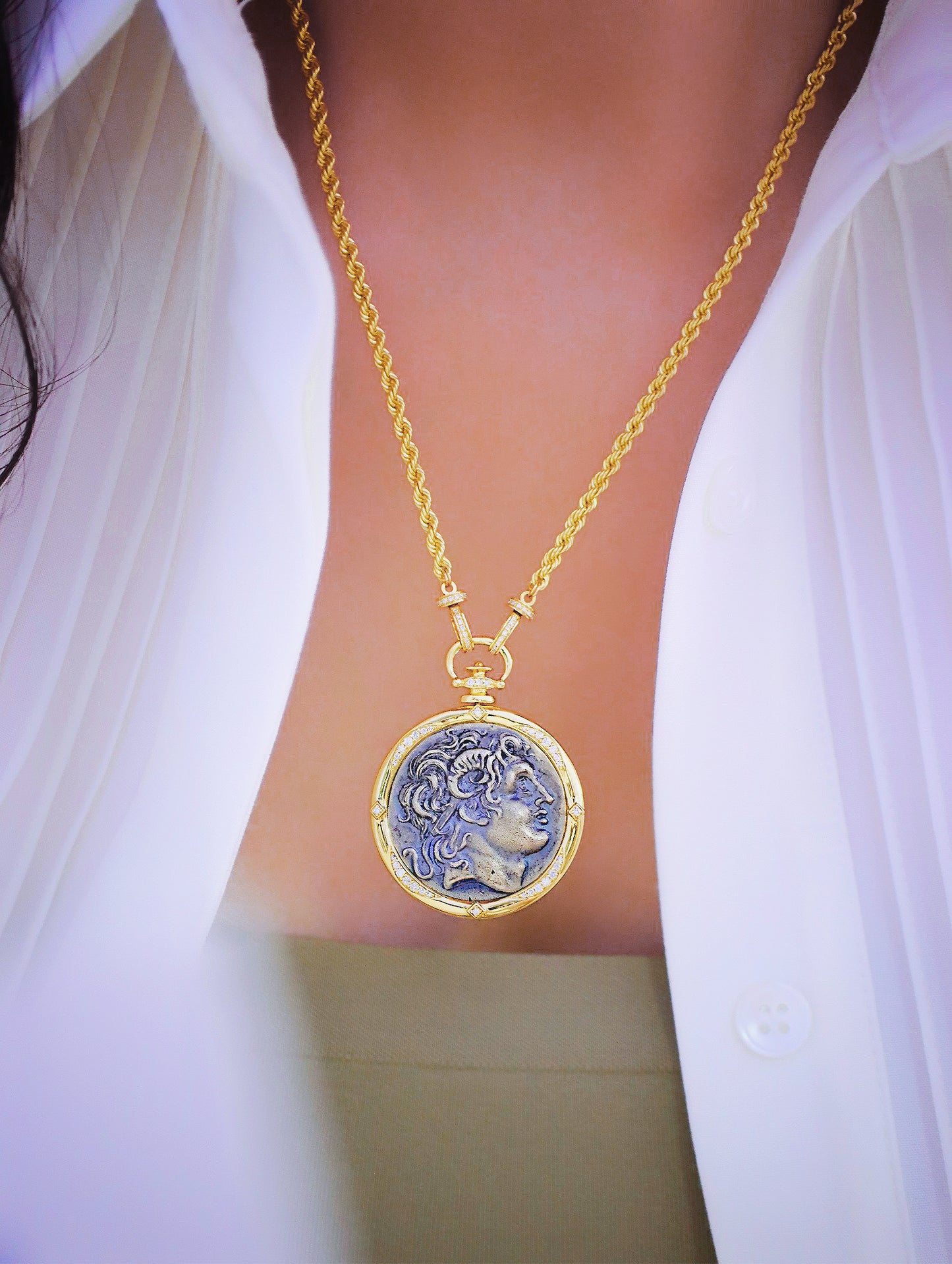 Alexander the Great's Horns of Ammon Greek Ancient Coin Medallion 18K Gold Pendant (Item No. COIN023）