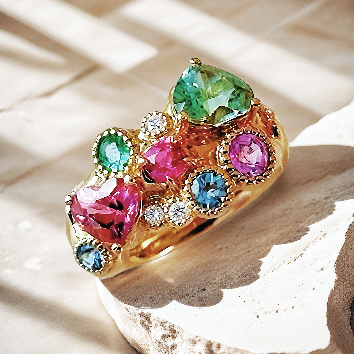 Vintage Garden 18k Gold Diamond Rainbow Gem Ring (Item No. VT037）