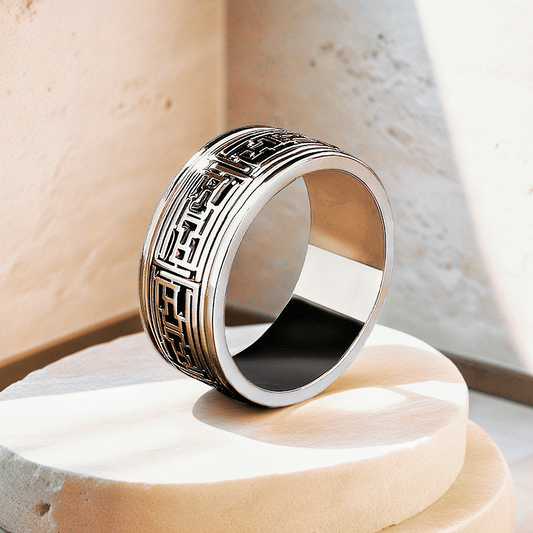 Rotatable Enamel Greek Key Sterling Silver/9k/14k/18k Gold Ring (Item No. GR0003）