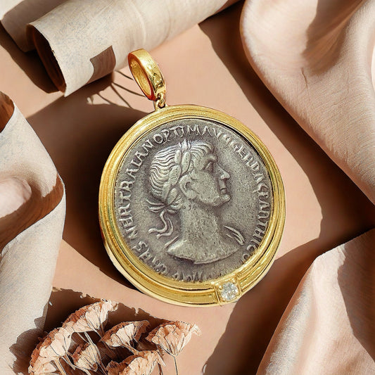 Emperor Trajan& Fortuna Ancient Greek Coin Medallion 18K Gold Pendant (Item No. COIN041）