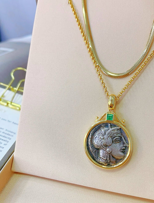 Athena Owl Ancient Greek Coin Medallion 18k Gold Pendant (Item No. COIN001)