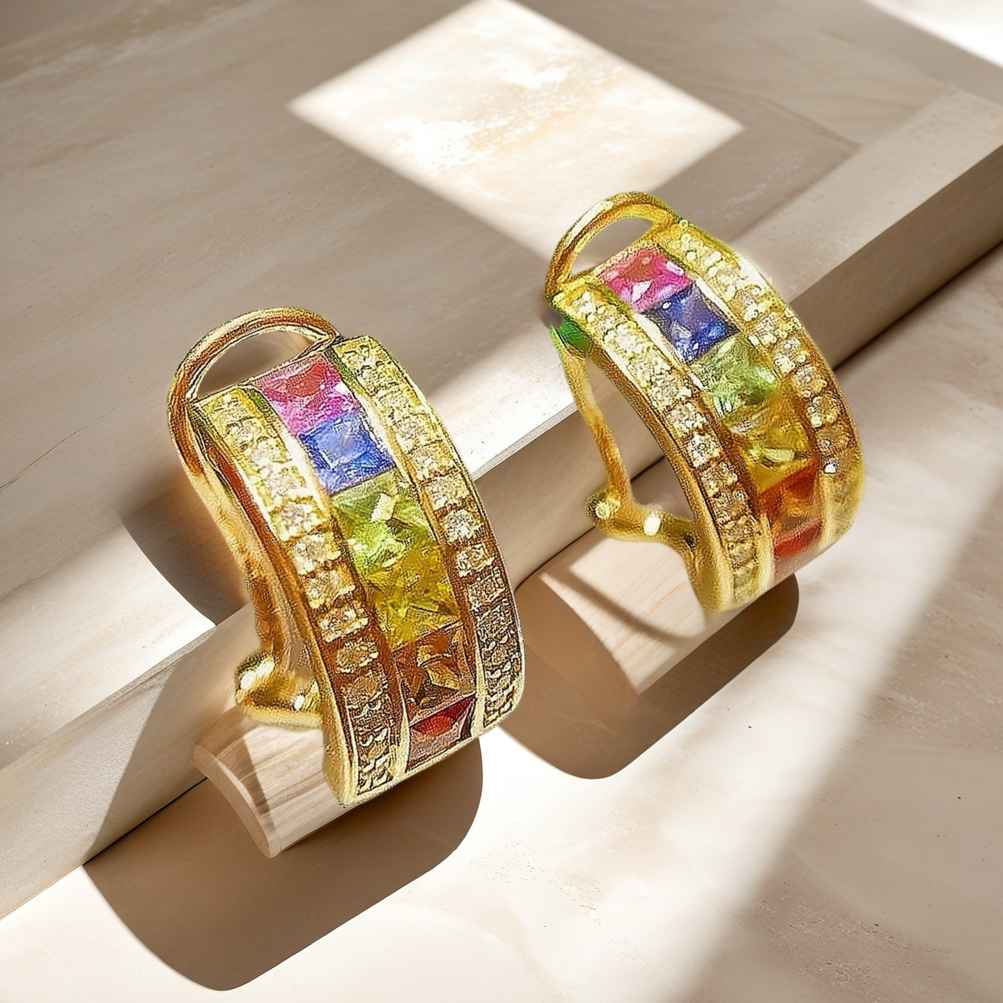 Rainbow 18k Gold Diamond Sapphire Earring (Item No. VT066）