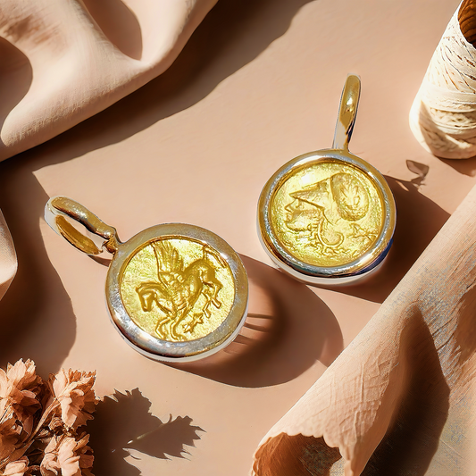 Athena Pegasus Ancient Greek Coin Medallion Electrum Gold  24k Gold Pendant (Item No. COIN066）