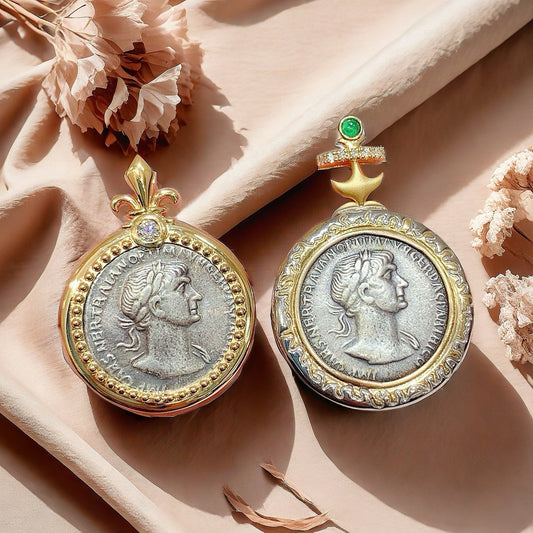 Emperor Trajan& Fortuna Ancient Greek Coin Medallion 18K Gold Pendant (Item No. COIN041）