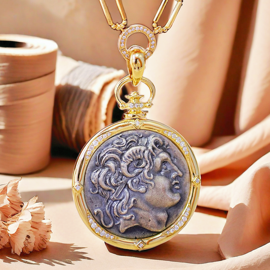 Alexander the Great's Horns of Ammon Greek Ancient Coin Medallion 18K Gold Pendant (Item No. COIN023）