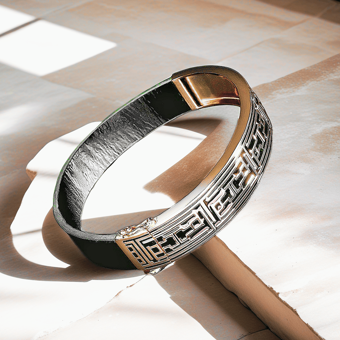 Greek Key Sterling Silver/9k/14k/18k Enamel Leather Gold Bangle(Item No. GB0006)