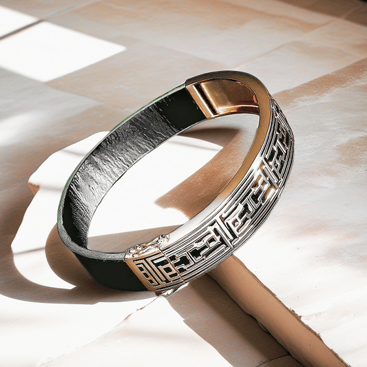 Greek Key Silver Enamel Leather Bangle (Item No. TDBS0006)
