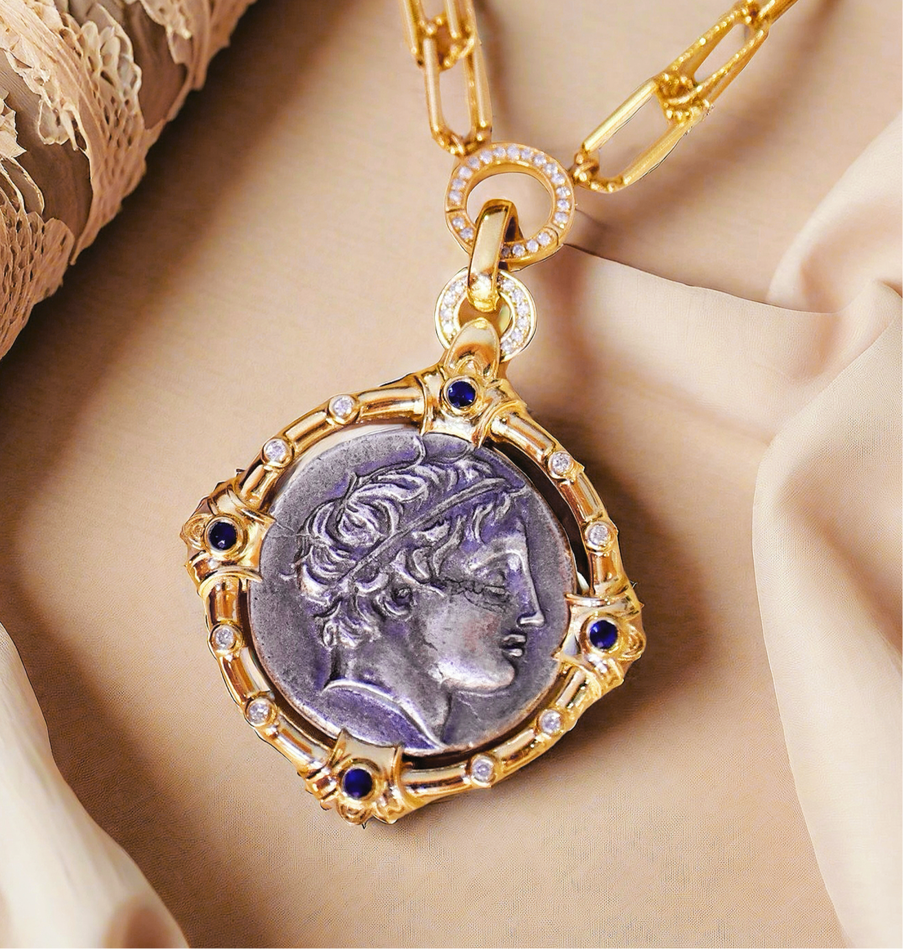 Apollo The Sun God Ancient Greek Coin Medallion 18K Gold Pendant (Item No. COIN024）