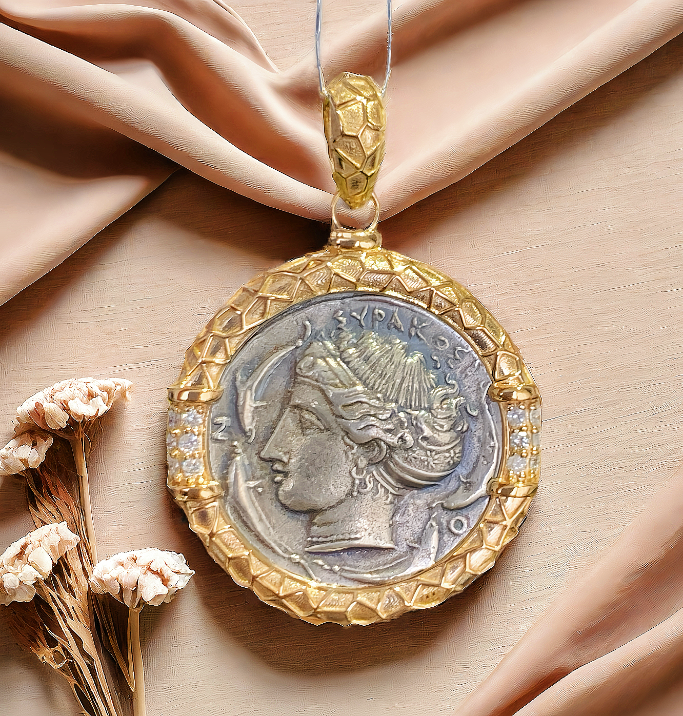 Arethusa Ancient Greek Coin Medallion 18K Gold Pendant (Item No. COIN097）