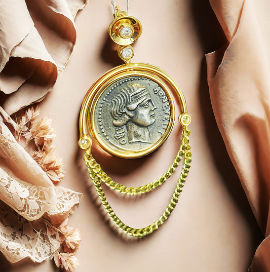 Fortuna Goddess Ancient Greek Coin Medallion 18K Gold Pendant (Item No. COIN092）