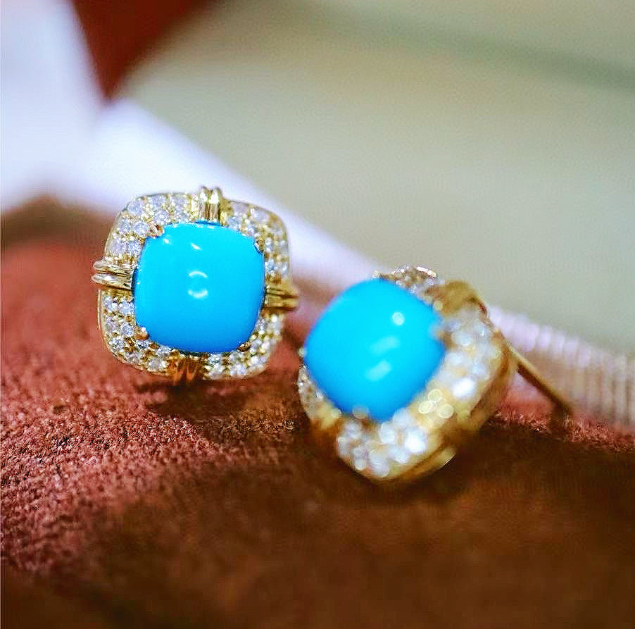 Vintage Turquoise 18k Gold Diamond Earring (Item No. VT053）