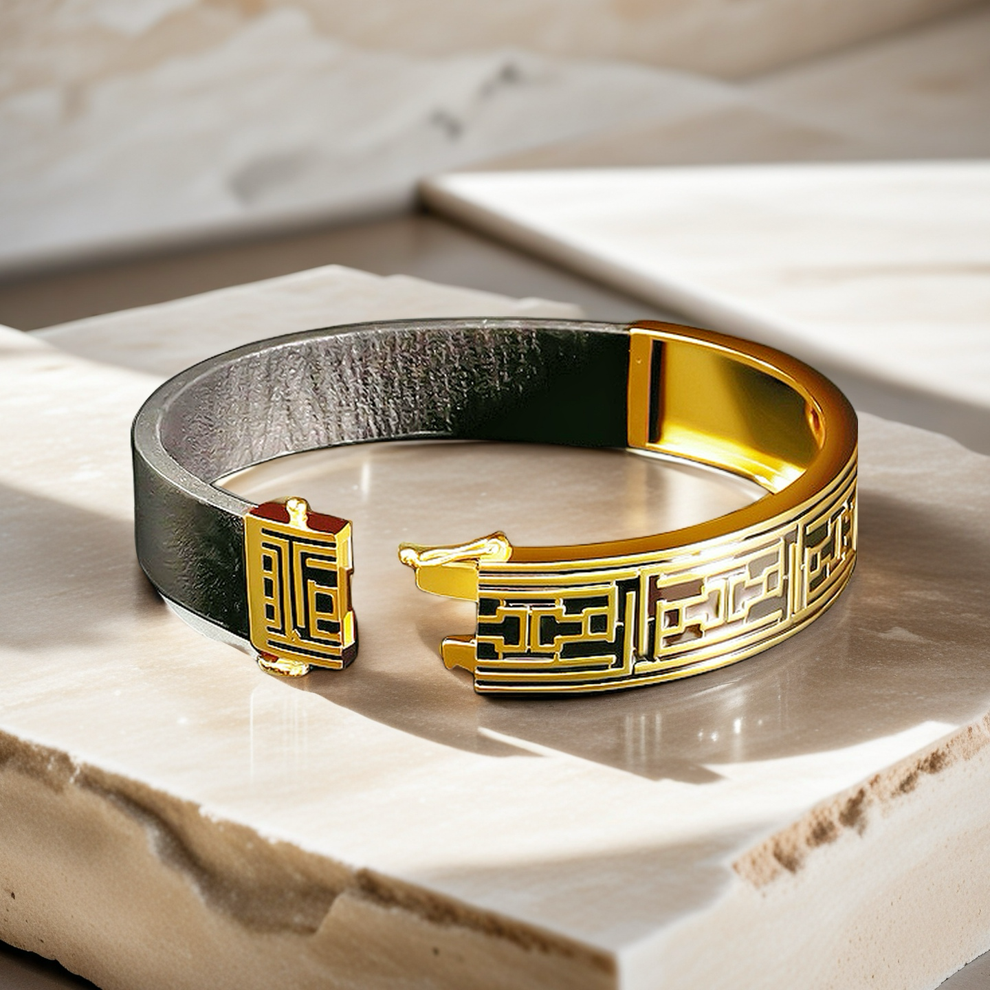 Greek Key Sterling Silver/9k/14k/18k Enamel Leather Gold Bangle(Item No. GB0006)