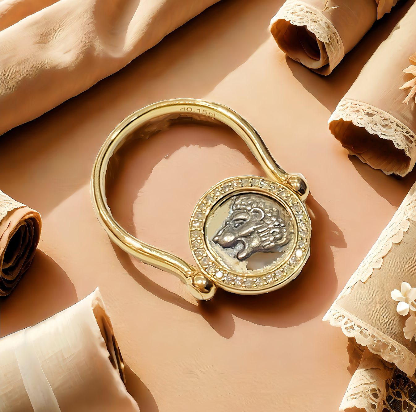 Lion Ancient Coin Medallion 18K Gold Ring (Item No. COIN082）