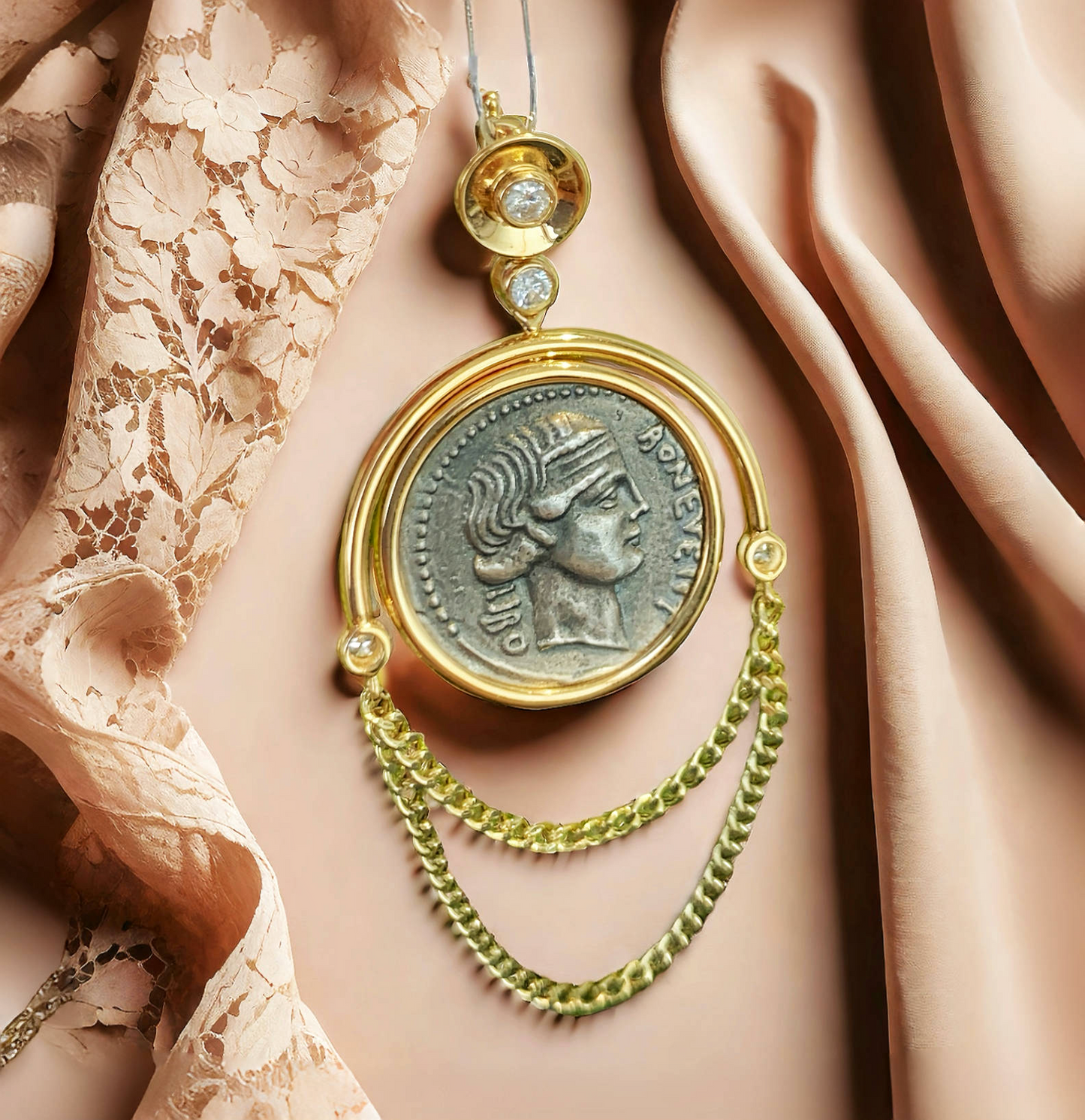 Fortuna Goddess Ancient Greek Coin Medallion 18K Gold Pendant (Item No. COIN092）