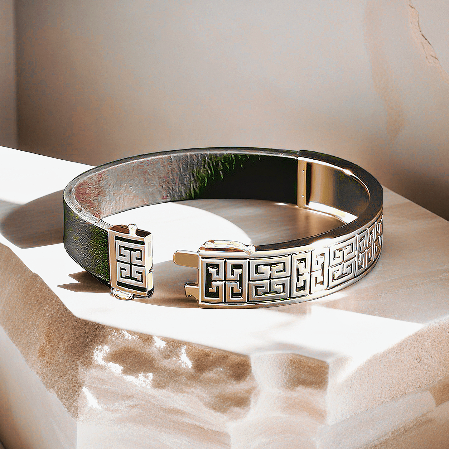 Greek Key Sterling Silver/9k/14k/18k Enamel Leather Gold Bangle(Item No. GB0008）