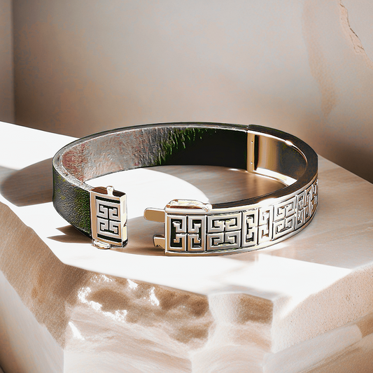 Greek Key Silver Enamel Leather Gold Bangle (Item No. TDBS0008）