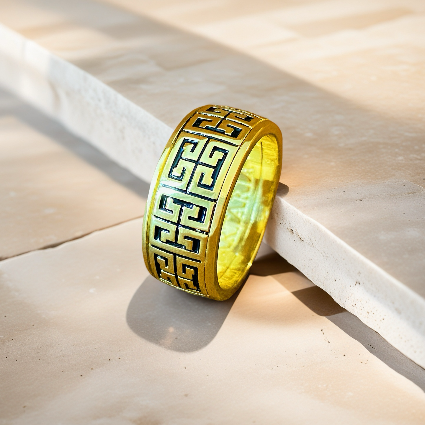 Rotatable Enamel Greek Key Sterling Silver/9k/14k/18k Gold Ring (Item No. GR0004）