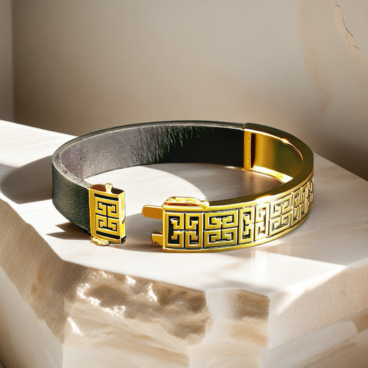 Greek Key Sterling Silver/9k/14k/18k Enamel Leather Gold Bangle(Item No. GB0008）