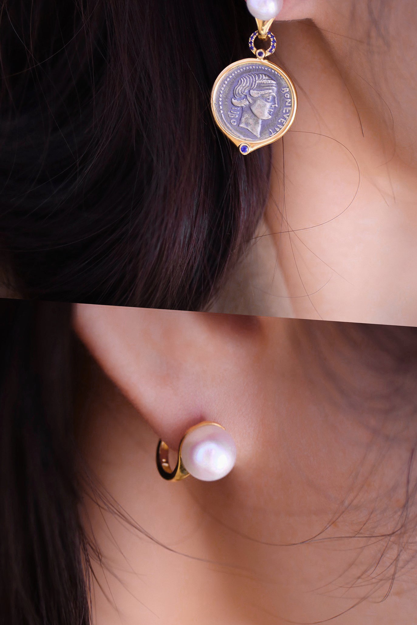 Fortuna Goddess Ancient Greek Coin Medallion 18K Gold Earring (Item No. COIN029）