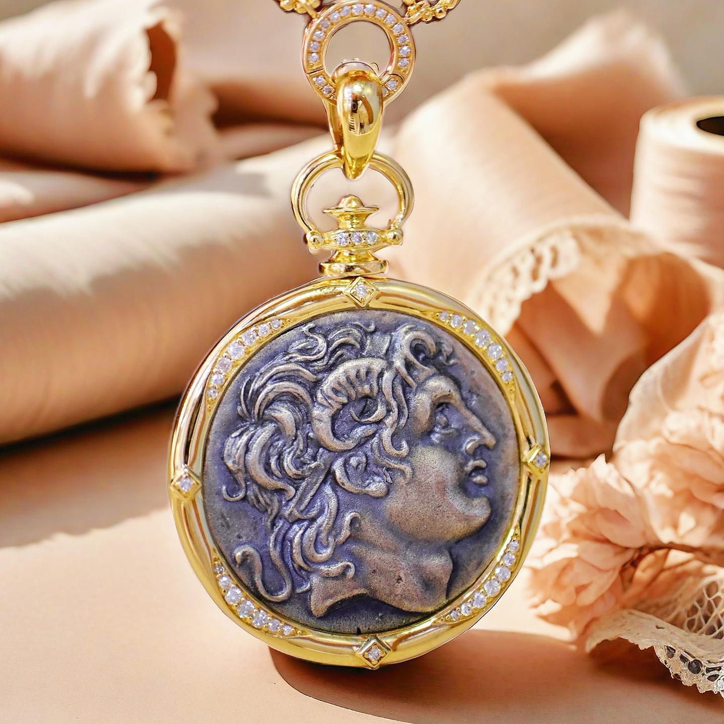 Alexander the Great's Horns of Ammon Greek Ancient Coin Medallion 18K Gold Pendant (Item No. COIN023）