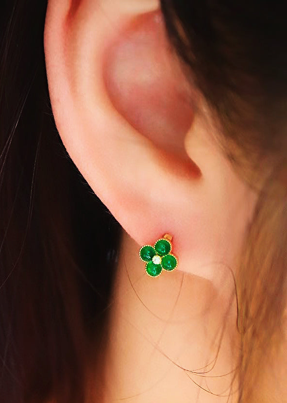 Four-leaf Clover 18k Gold Diamond Emerald Earring (Item No. VT060）
