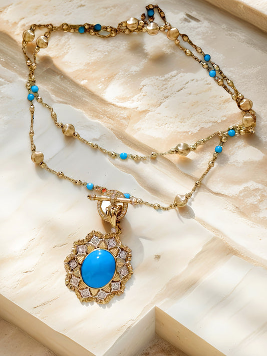 Vintage 18k Gold Diamond Turquoise Pendant (Item No. VT175）