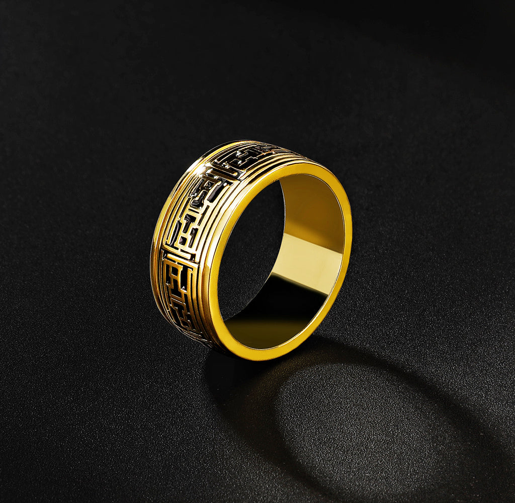 Rotatable Enamel Greek Key 9k/14k/18k Gold Ring (Item No. GR0003）