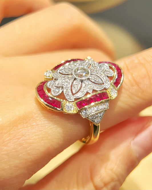 Vintage 18k Gold Diamond Ruby Ring (Item No. VT456）
