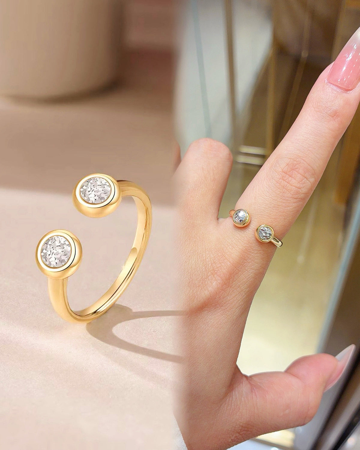 Two Bubble Diamond-like 18k Gold Ring (Item No. HFR010）