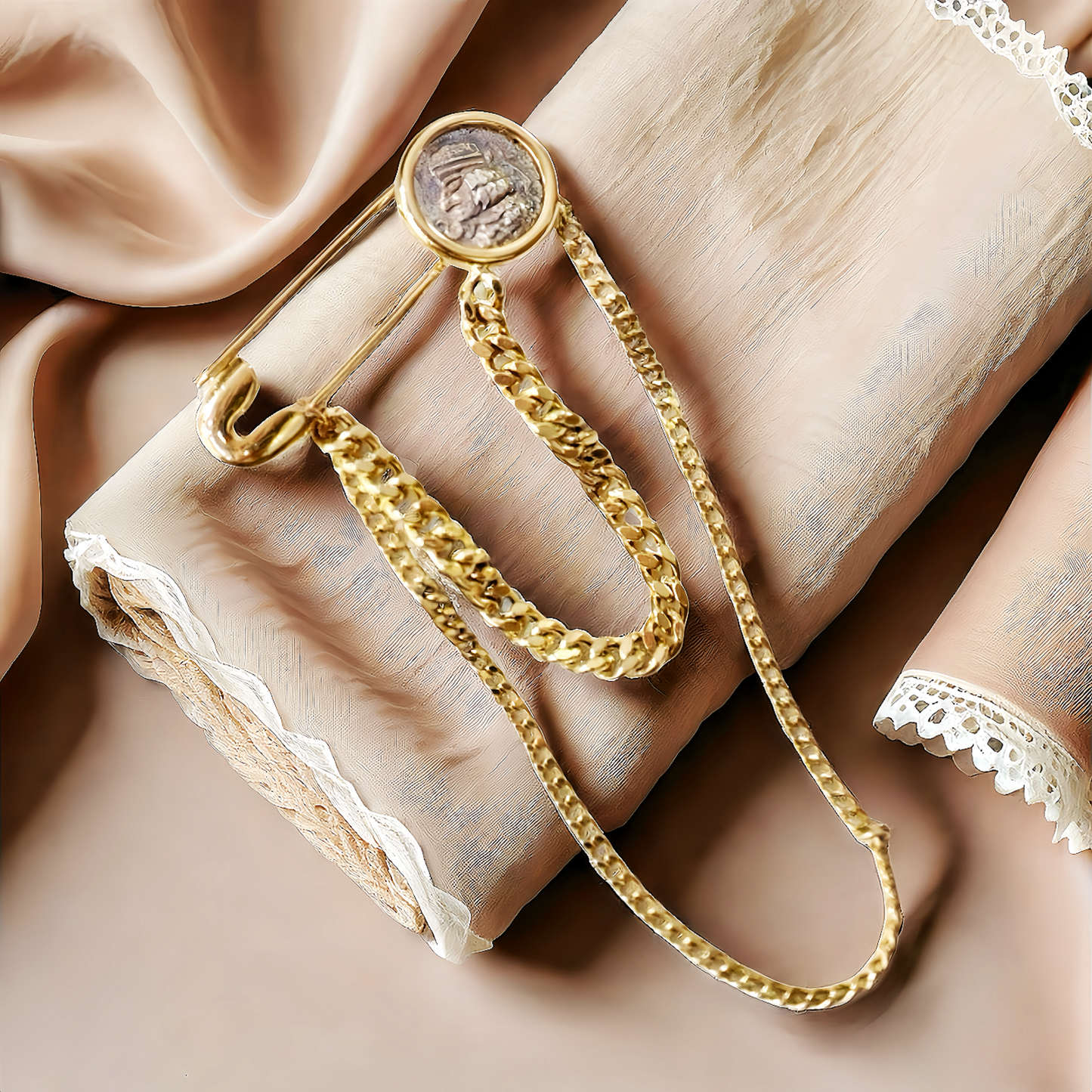 Parthian Emperor Ancient Coin Medallion 18K Gold Brooch (Item No. COIN055）