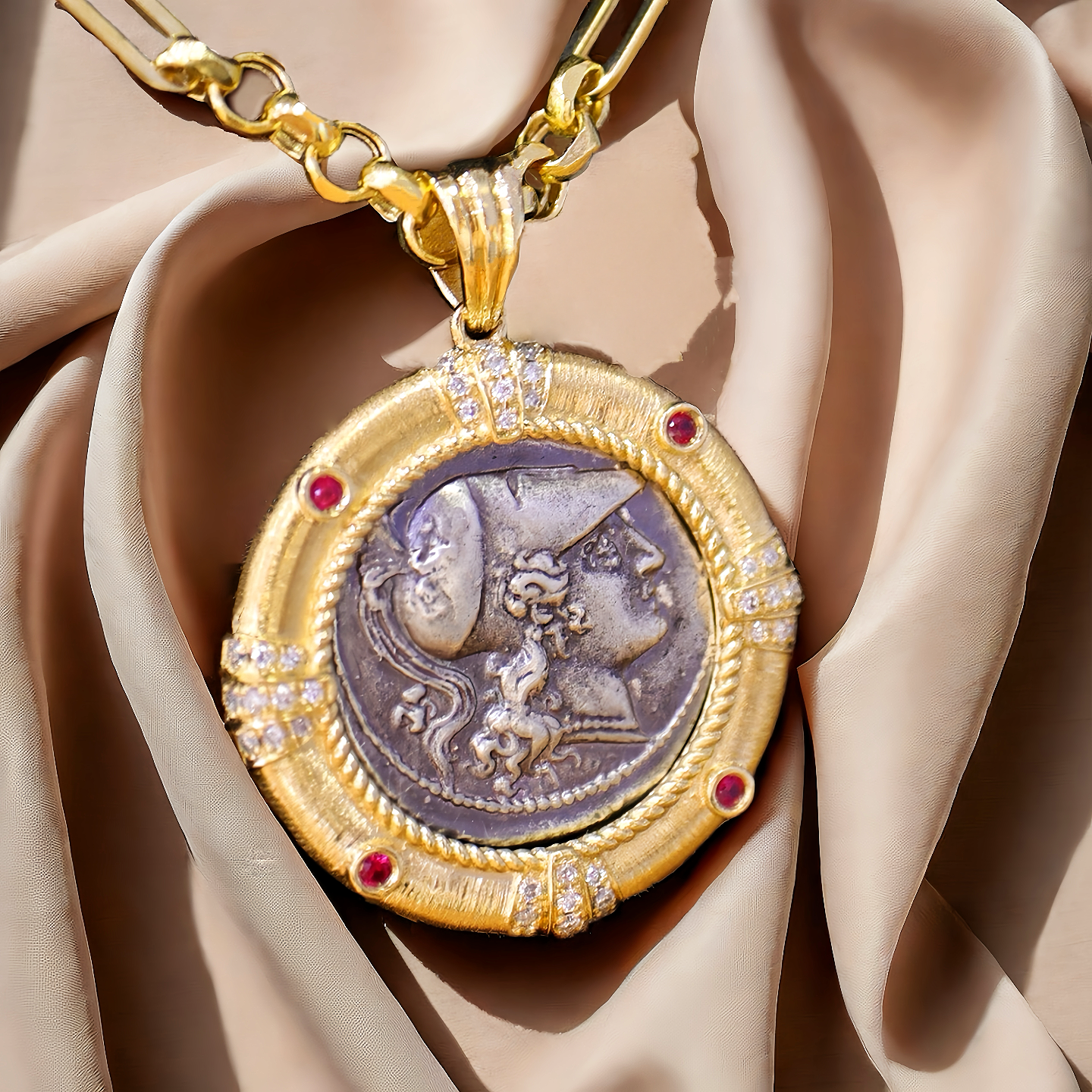 Athena Pegasus Ancient Greek Coin Medallion 18k Gold Pendant (Item No. COIN077）