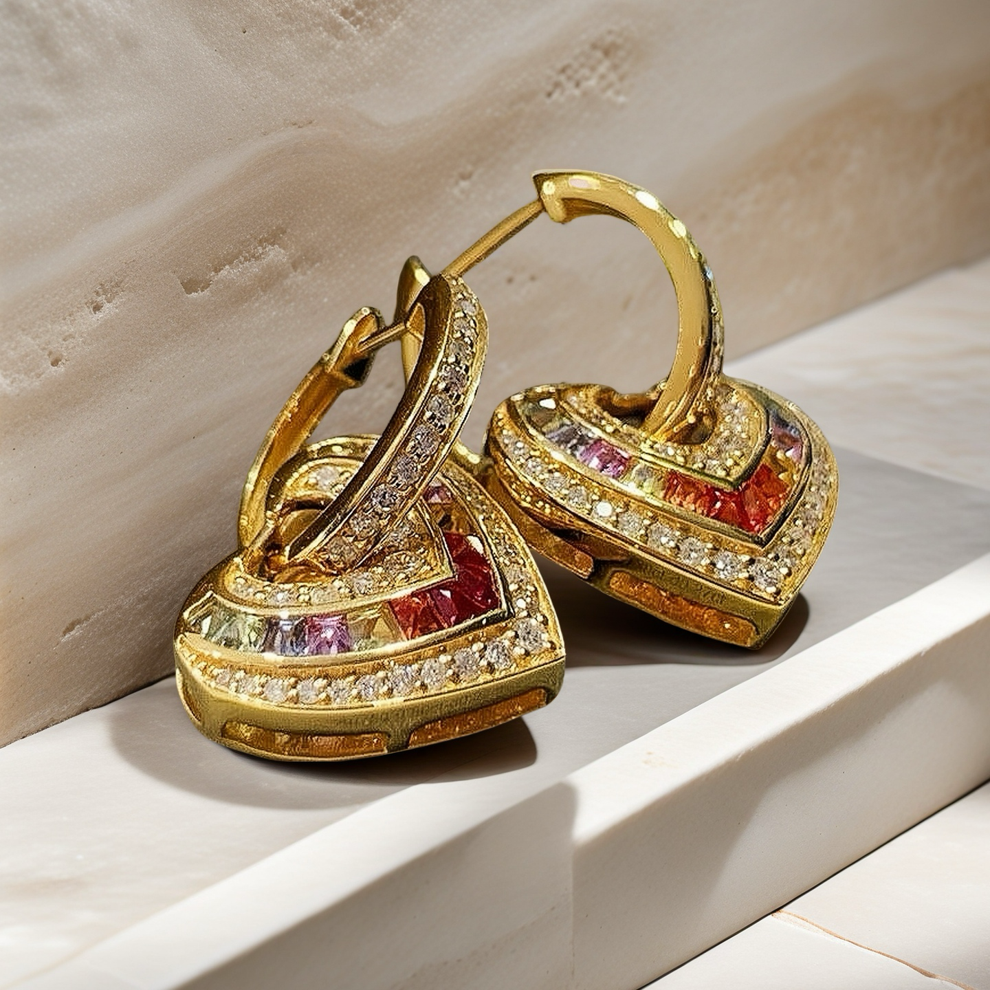 Rainbow Heart 18k Gold Diamond Sapphire Earring (Item No. VT062）