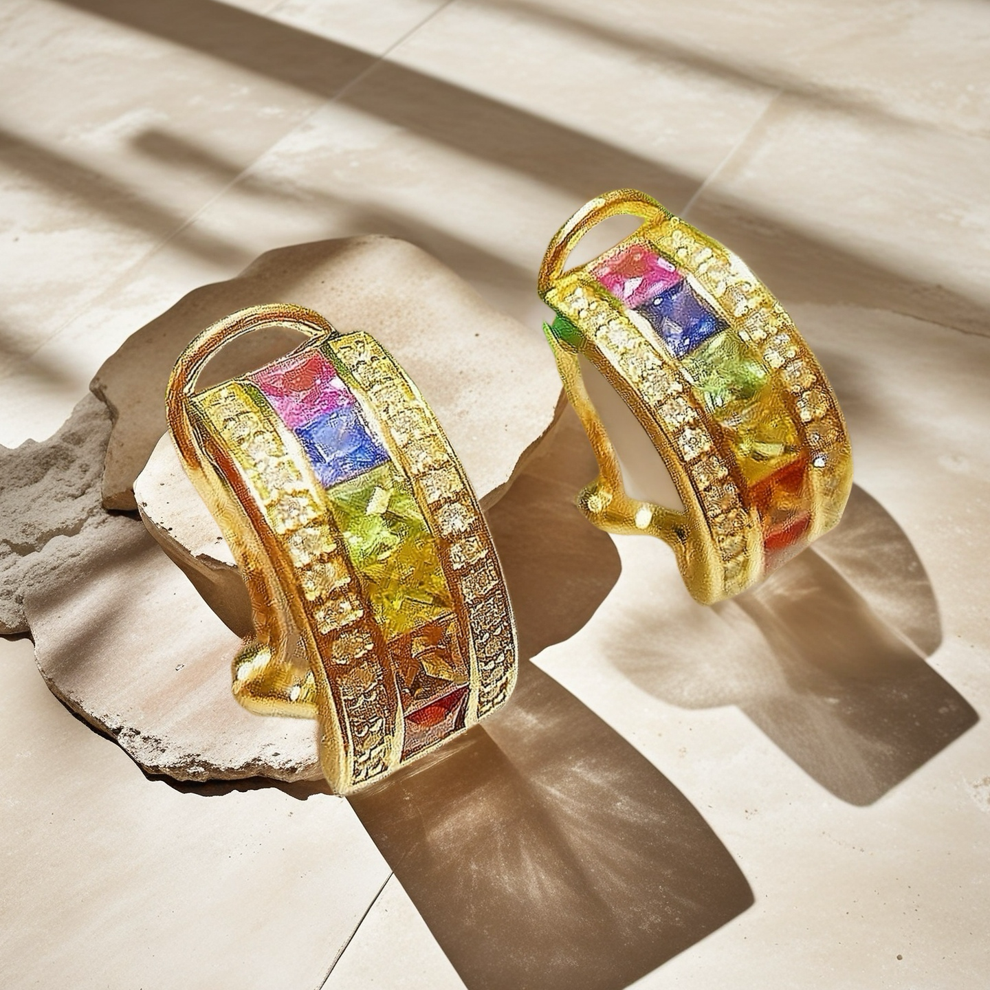 Rainbow 18k Gold Diamond Sapphire Earring (Item No. VT066）