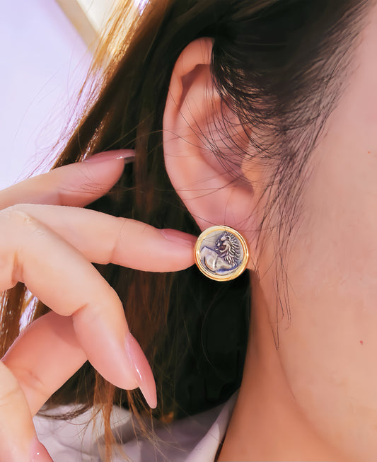 Lion Ancient Greek Coin Medallion 18K Gold Earring (Item No. COIN045）